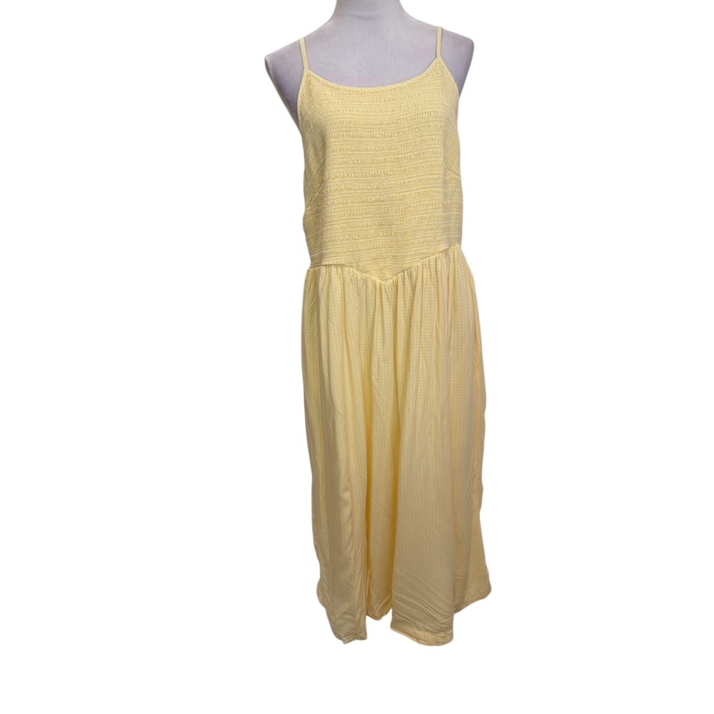 A New Day Midi Dress Womens XXL Yellow Gingham Smocked Bodice Pockets Adjustable